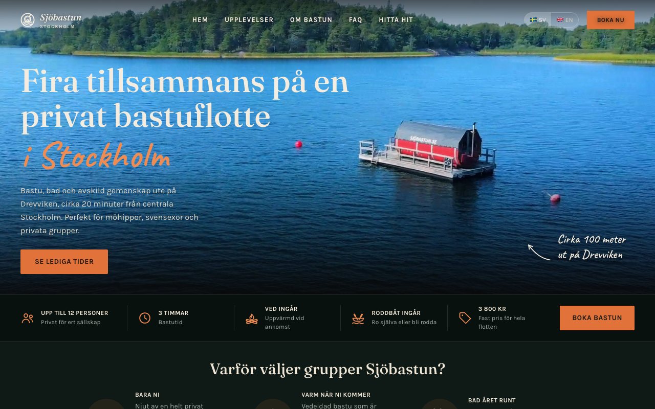 Hemsida för en privat bastuflotte i Stockholm